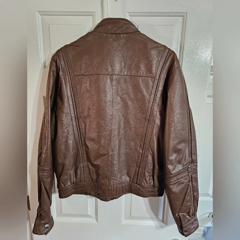 American Male Mens Size M Brown Leather Jacket Vintage 80s Moto Aviator Archival - Picture 4 of 9
